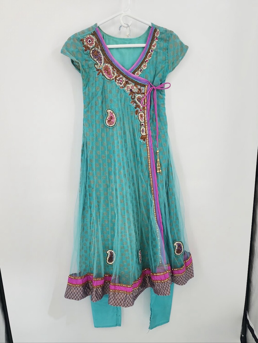 Turquoise & Pink Embellished Anarkali Dress Set, Size 6 years, 7 years Old - Picture 2 of 7